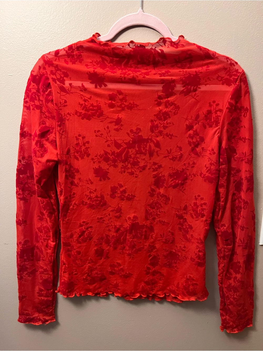 Red Floral Long-Sleeve Sheer Top - Women
